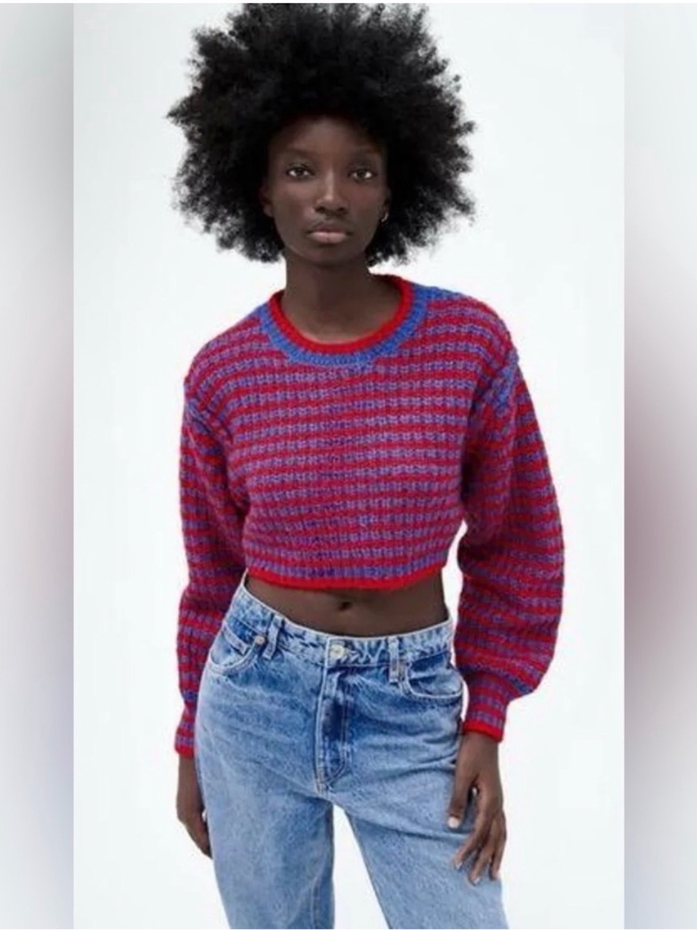 Zara Cropped Red and Blue Women's Knit Sweater